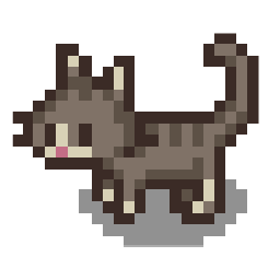 Pixelated gray and white cat, from the game Stardew Valley